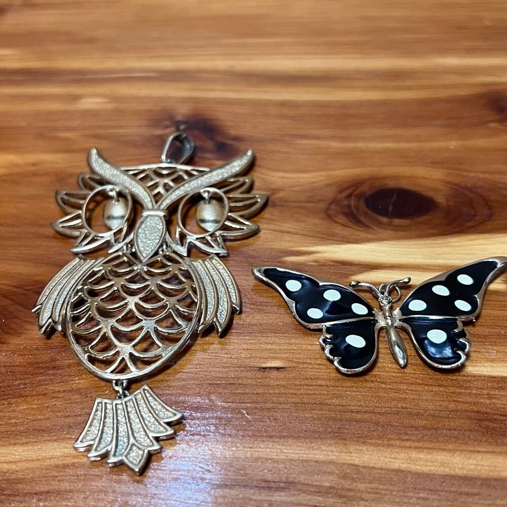 Vintage 1980's Articulated Large Owl &‎ Butterfly Pendants Gold Tone Statements